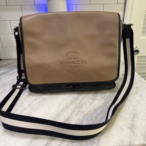 Coach Taupe and Black Leather Messenger Bag with Striped Strap